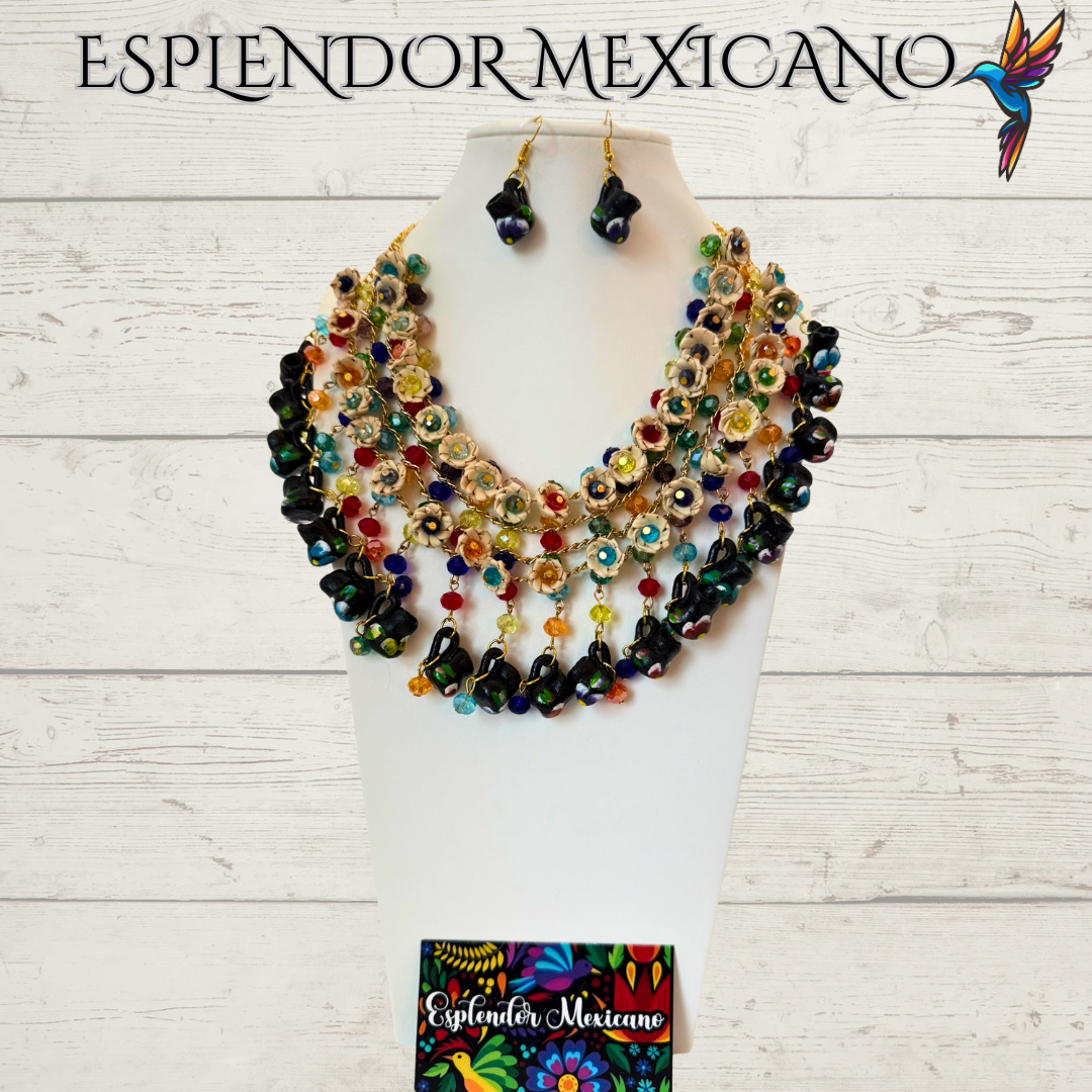 🌸 Fiesta Dreams Statement Necklace Set – Hand-Painted Jarritos, Palm & Beads