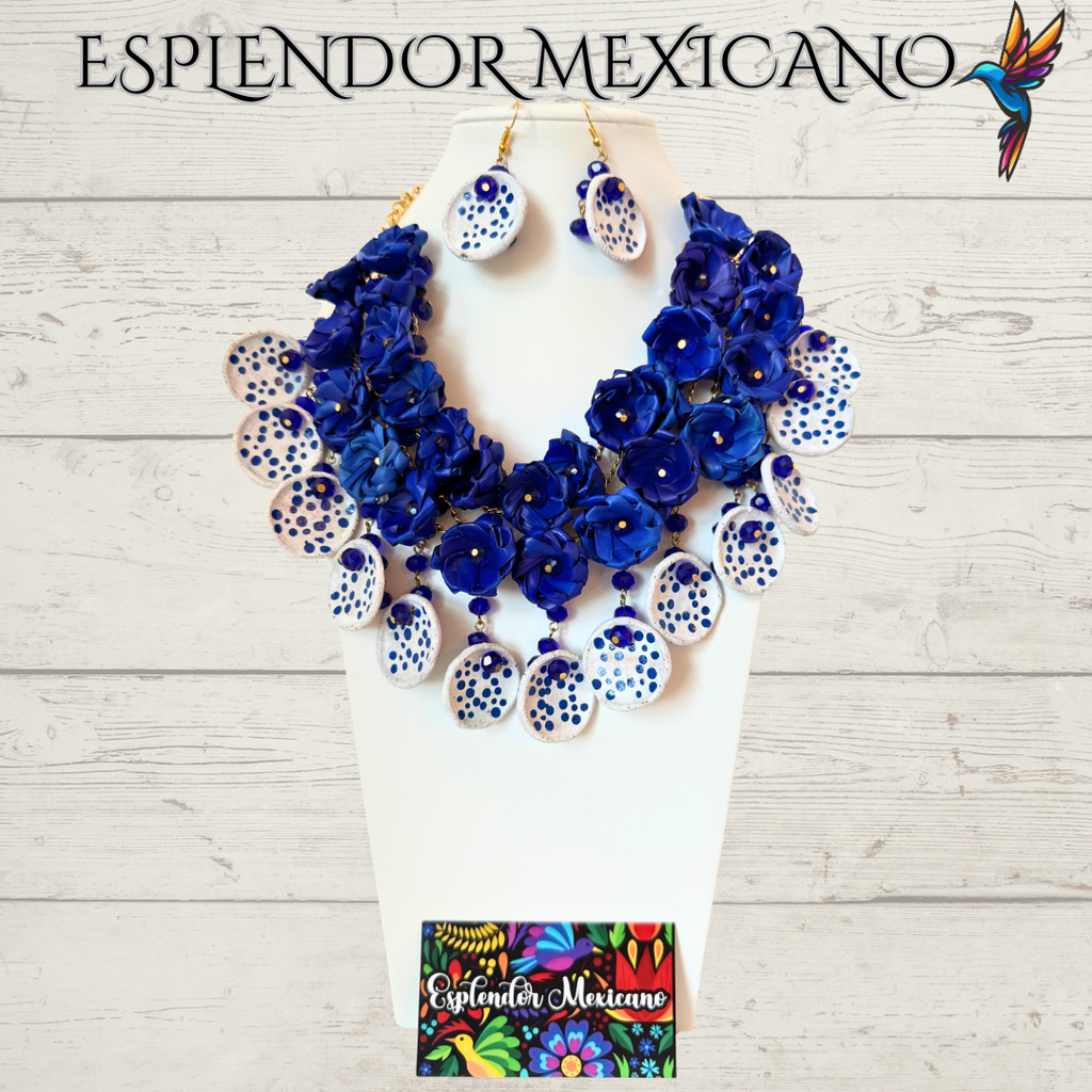 💙🤍 Fiesta Dreams Statement Necklace Set – Talavera Clay, Palm & Glass Beads
