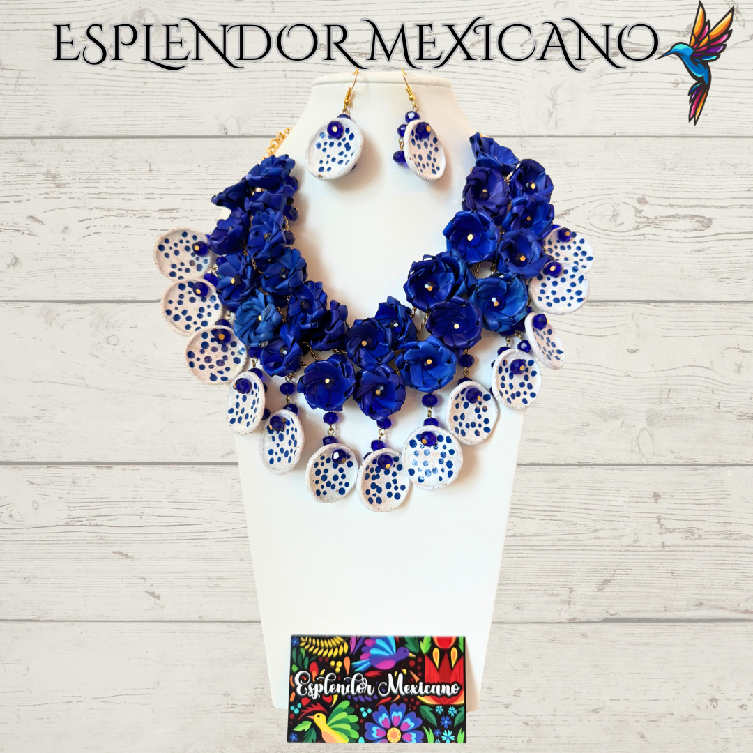 💙🤍 Fiesta Dreams Statement Necklace Set – Talavera Clay, Palm & Glass Beads