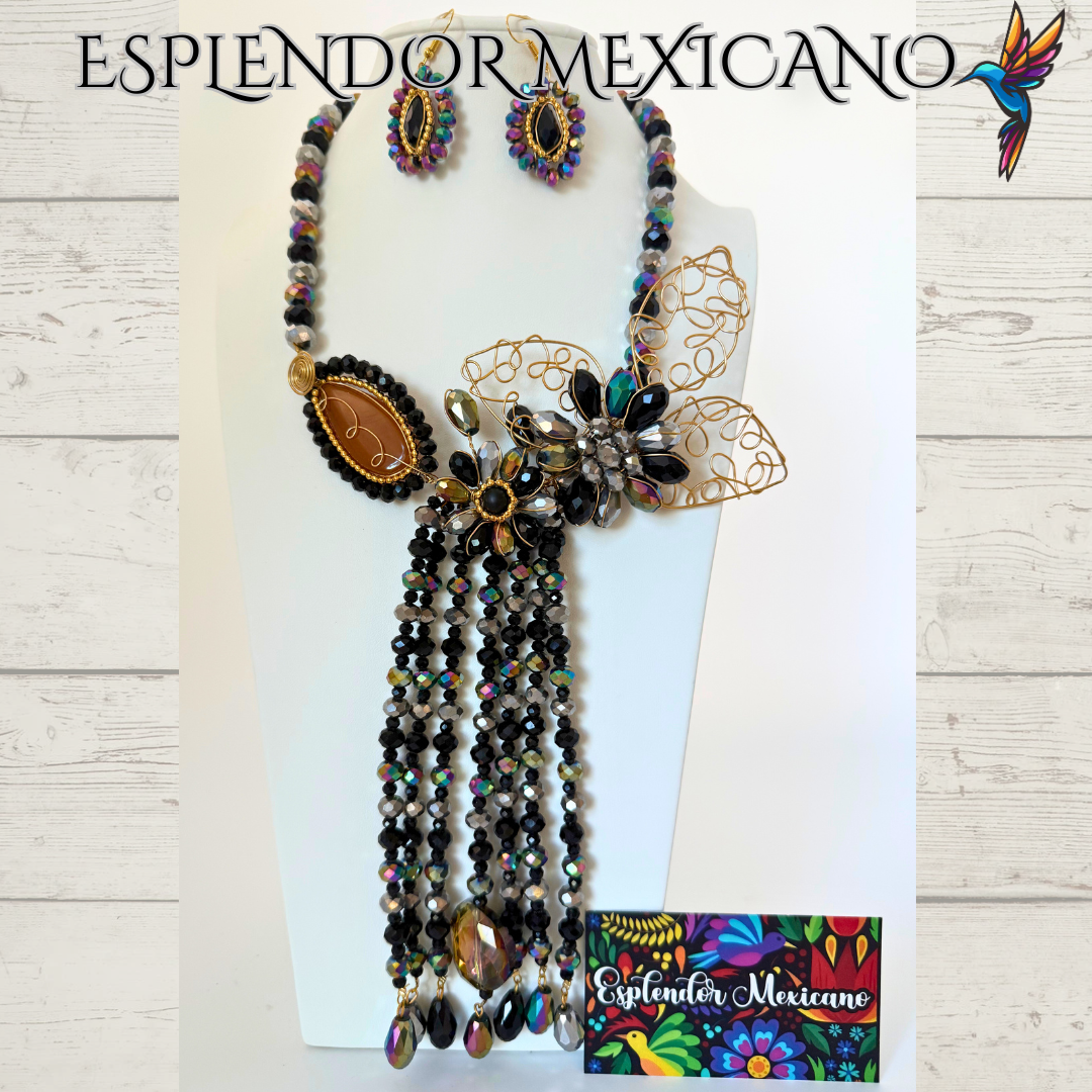 🖤💛 Handmade Floral Cascade Necklace Set