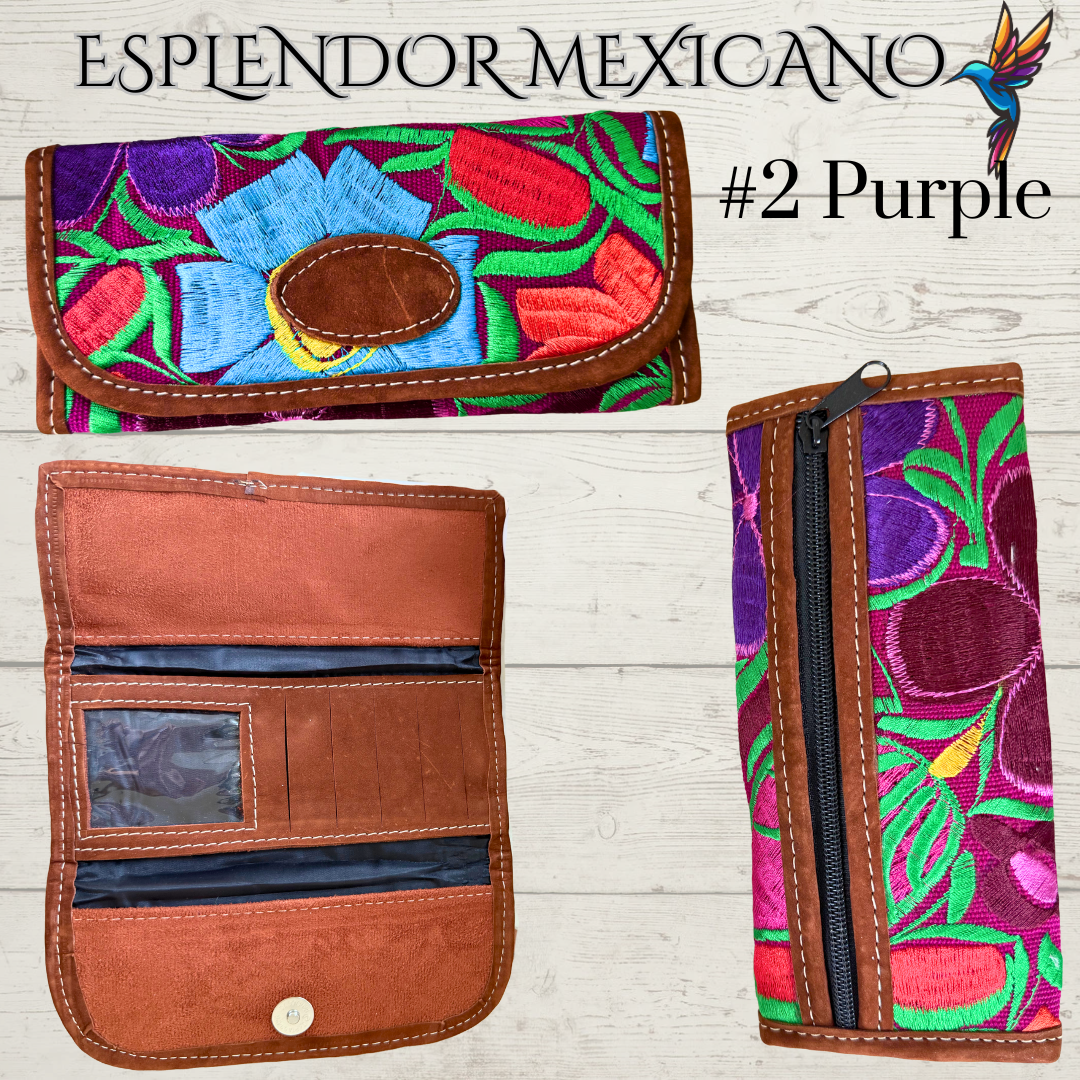 🌸 Handmade Mexican Floral Embroidered Wallet – Gamuza & Cotton