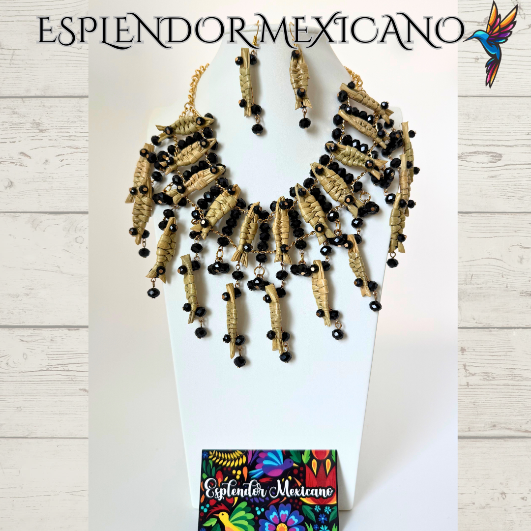 Mexican Artisanal Palm Fish Necklace Jewelry Set with Glass Beads