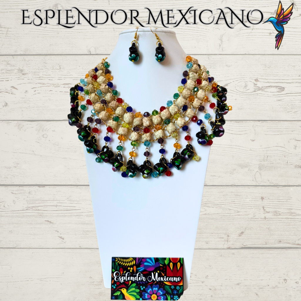 🌈 Colorful Jarritos Statement Necklace Set – Palm, Talavera Clay & Beads