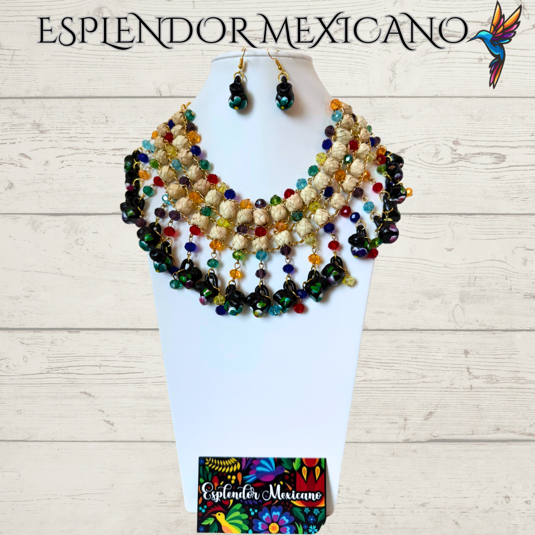 🌈 Colorful Jarritos Statement Necklace Set – Palm, Talavera Clay & Beads
