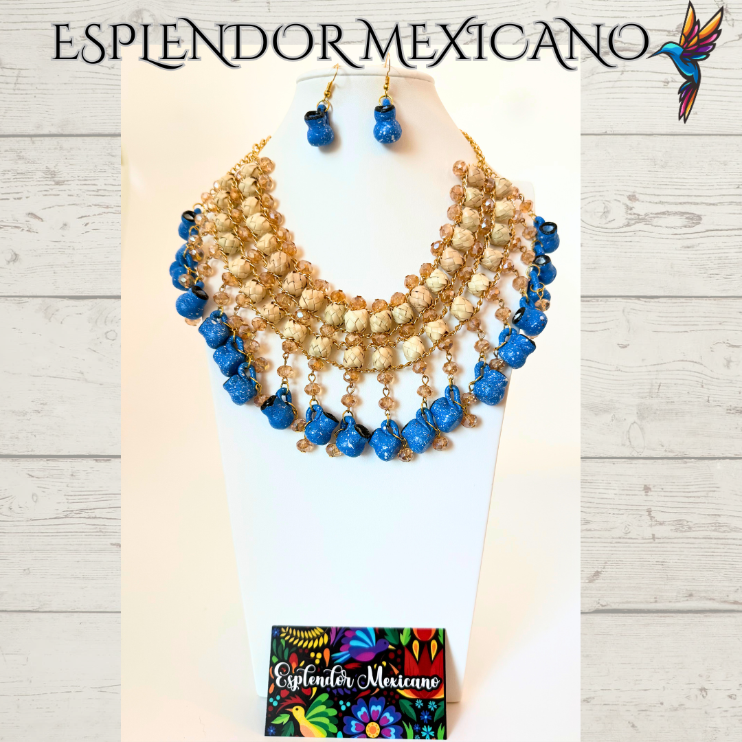 Fiesta Dreams Statement Necklace Set – Hand-Painted Jarritos, Palm & Glass Beads