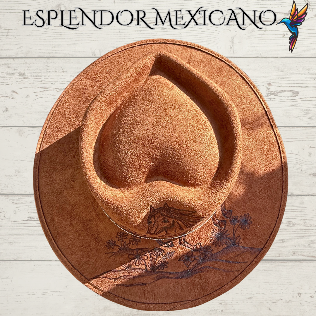 🤎 Hand-Burned Horse & Mountain Cowgirl Hat – Suede Heart Shape