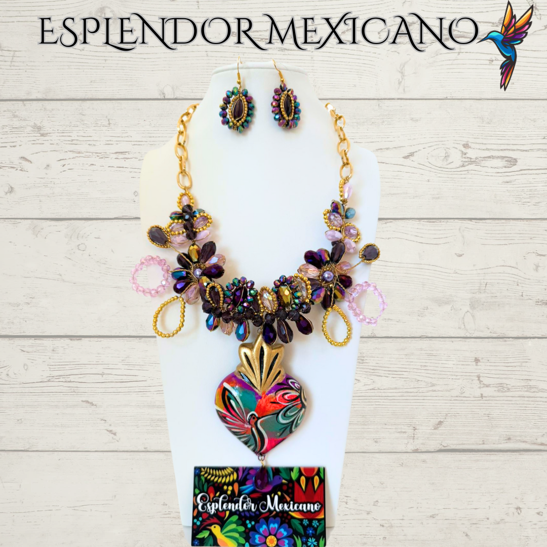 💜💛 Floral Heart Necklace Set – Hand-Painted Ceramic & Beads | Handmade in Mexico