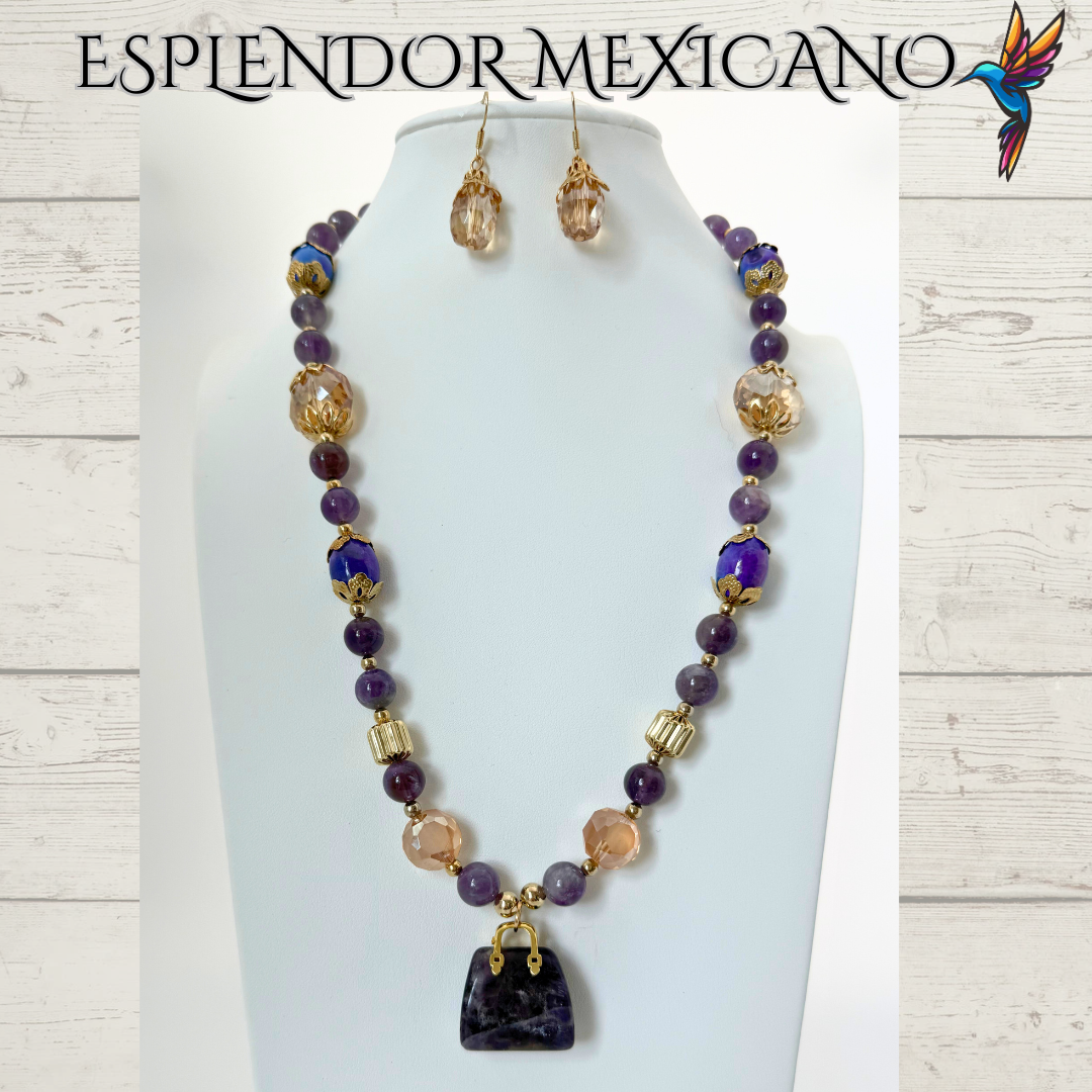 💜 Amethyst & Agate Purse Charm Necklace – Handmade in Mexico