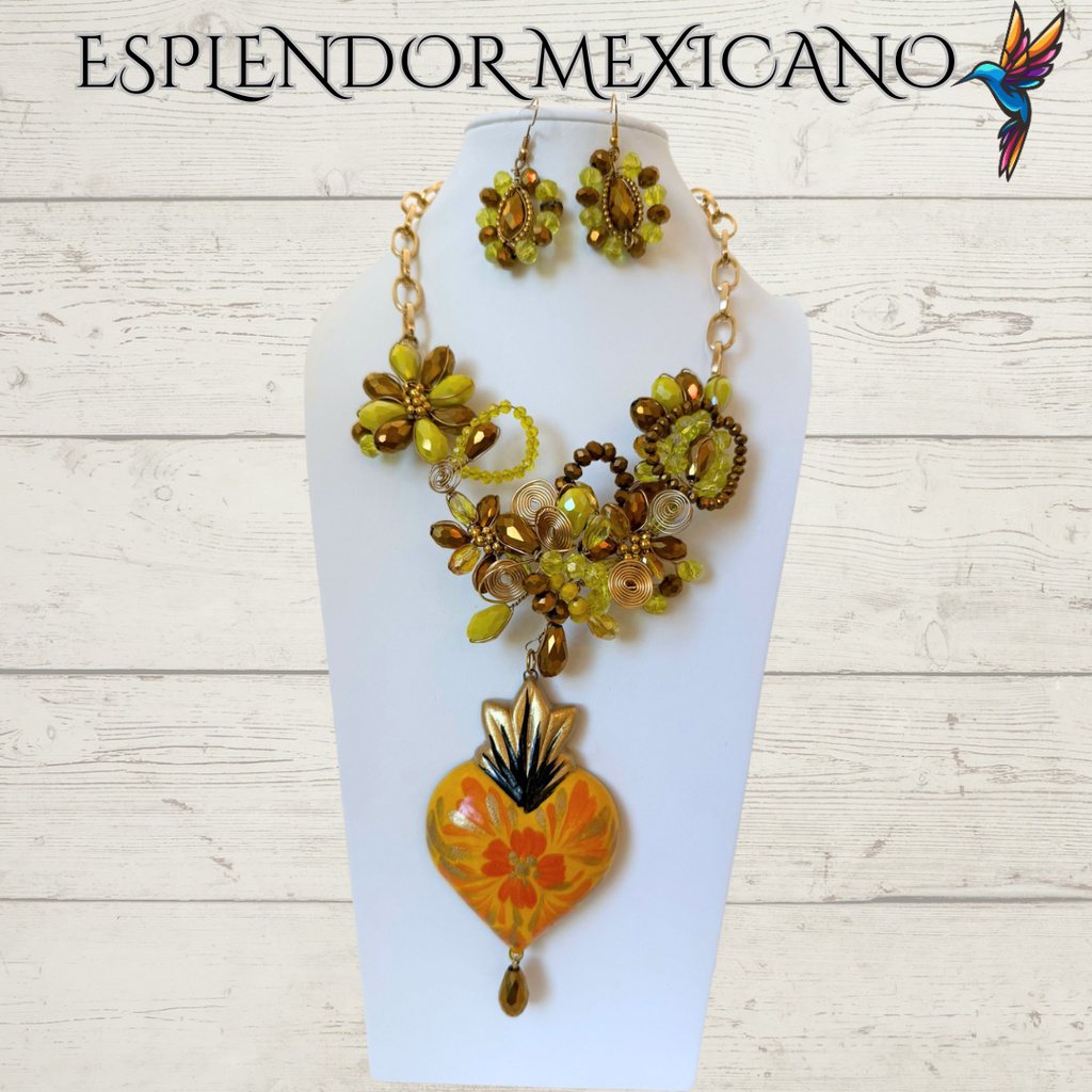 🧡💛 Floral Heart Necklace Set – Hand-Painted Ceramic & Beads | Handmade in Mexico
