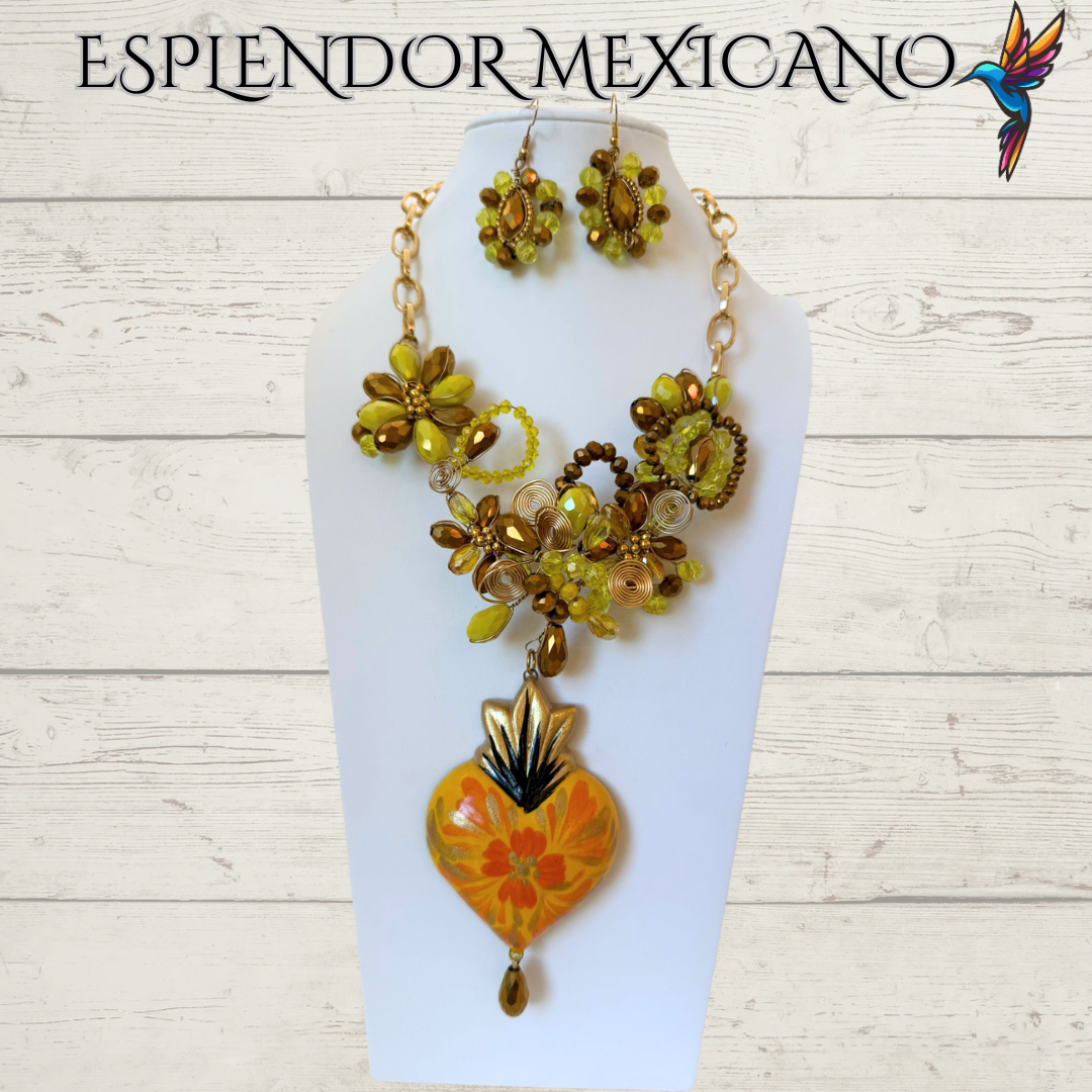 🧡💛 Floral Heart Necklace Set – Hand-Painted Ceramic & Beads | Handmade in Mexico