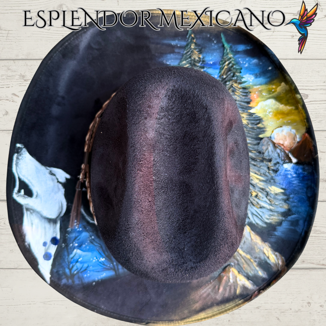 🖤 Western Suede Cowgirl Hat – Hand-Painted Wolf & Mountain Scene