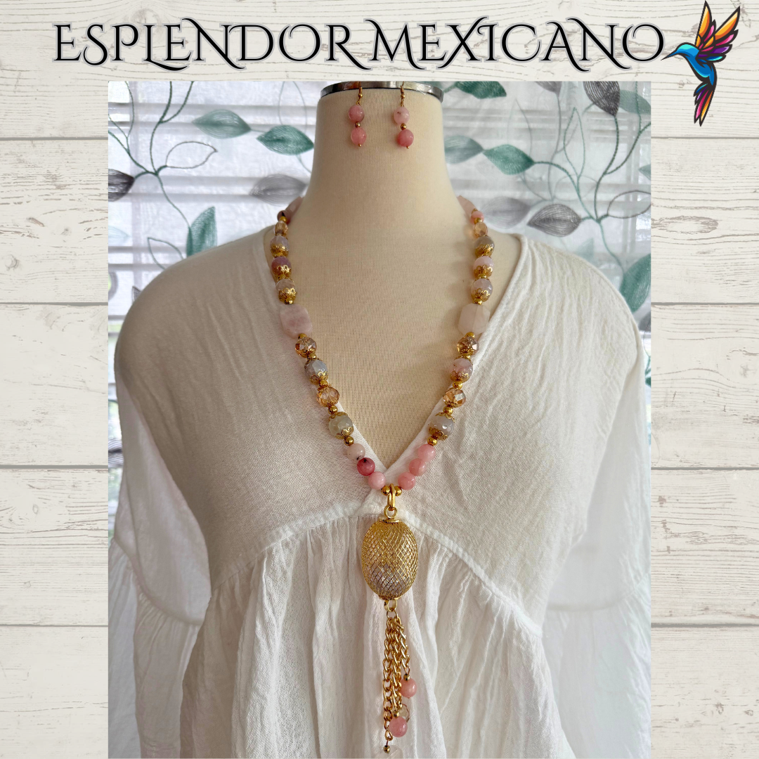 Mexican handmade Rose Pink Quartz Necklace Set/Natural Stone Healing Crystal Spiritual Protection Gift/Glass Charm Pendant/ Stone Necklace
