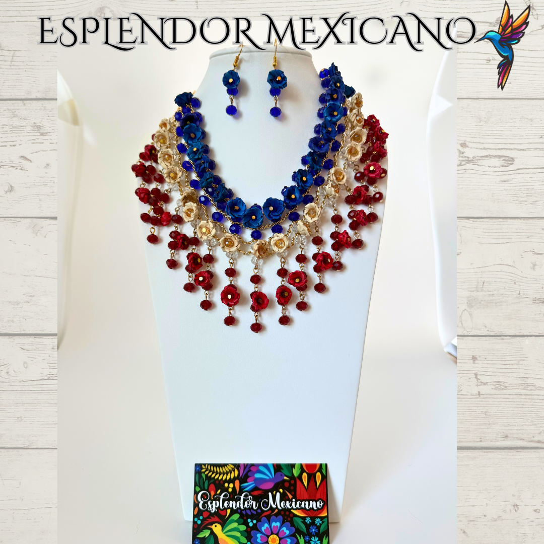 ❤️🤍💙 Natural Palm Statement Necklace Set – Handmade with Glass Beads