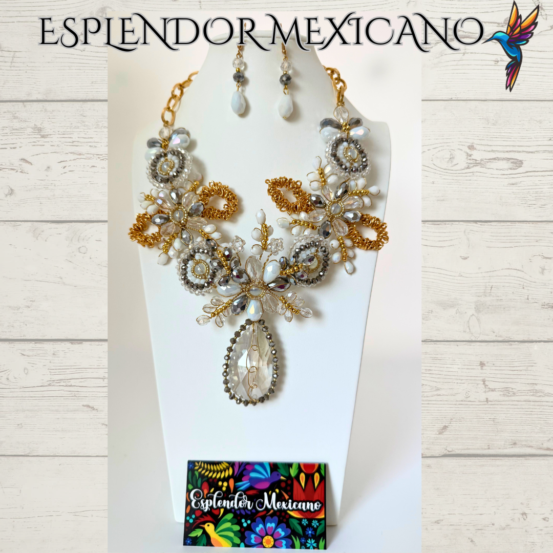 🤍✨ White & Gold Tear Drop Beaded Necklace Set – Handmade in Mexico