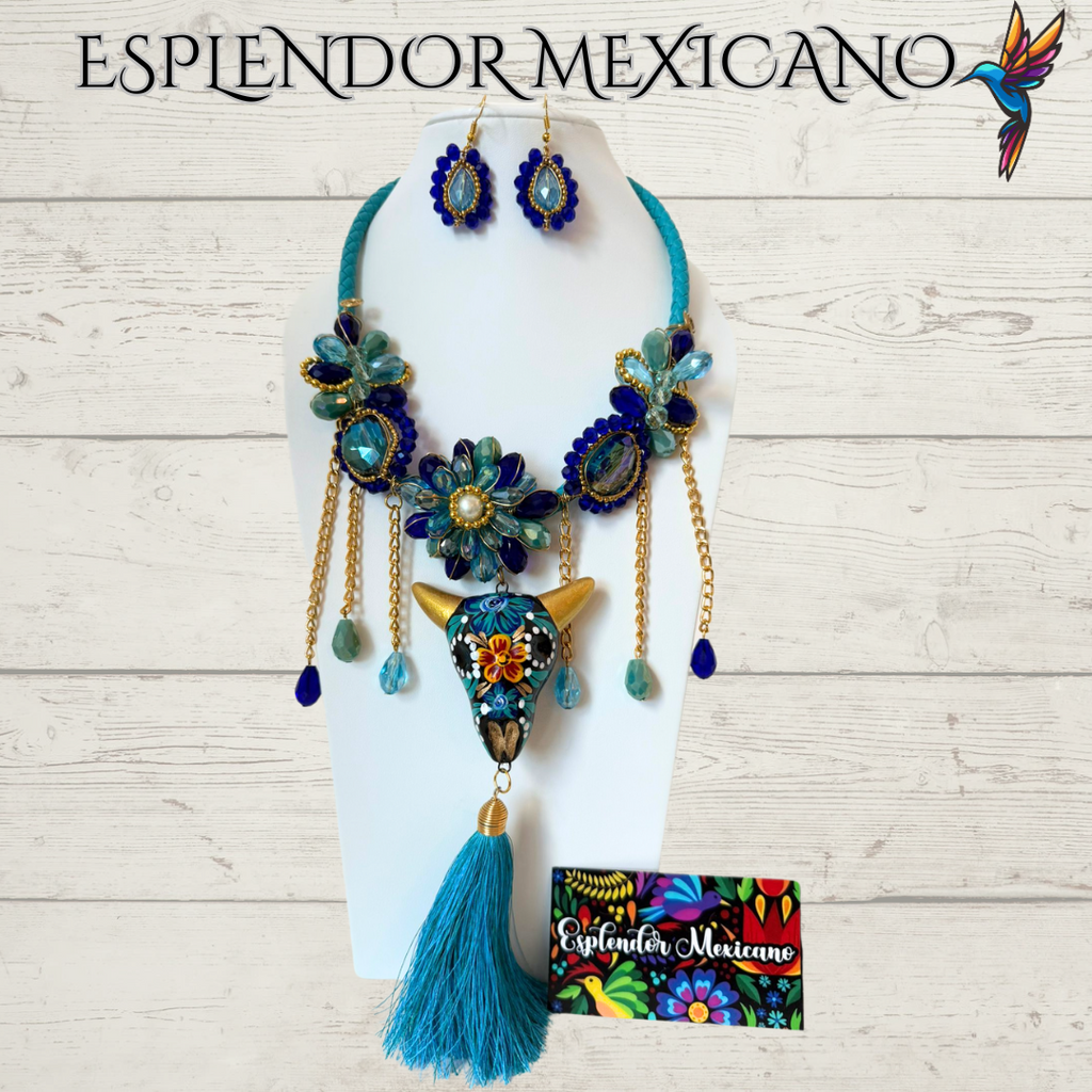 💙🩵💚 Teal & Blue Skull Necklace Set – Handmade in Mexico