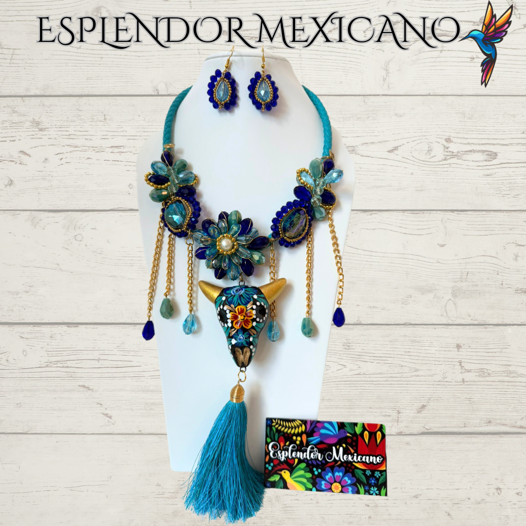 💙🩵💚 Teal & Blue Skull Necklace Set – Handmade in Mexico