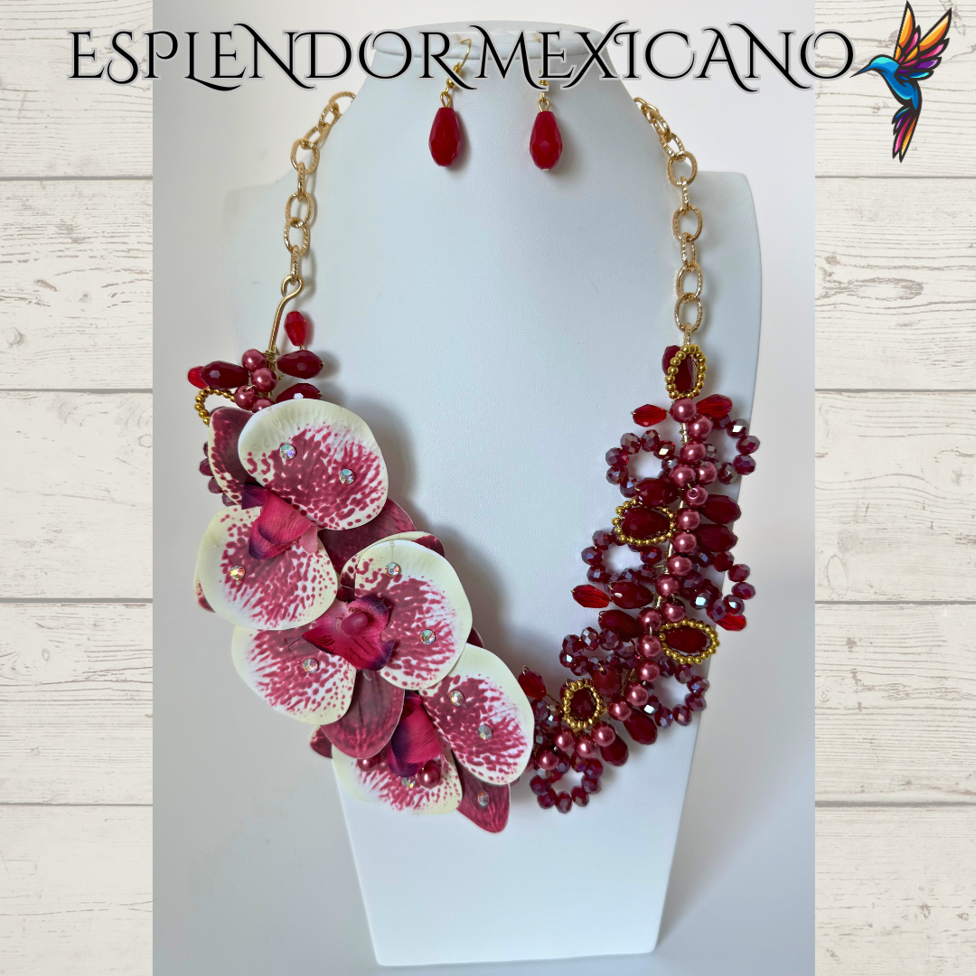 🌸 Bold Orchid Necklace Set – Handmade in Mexico