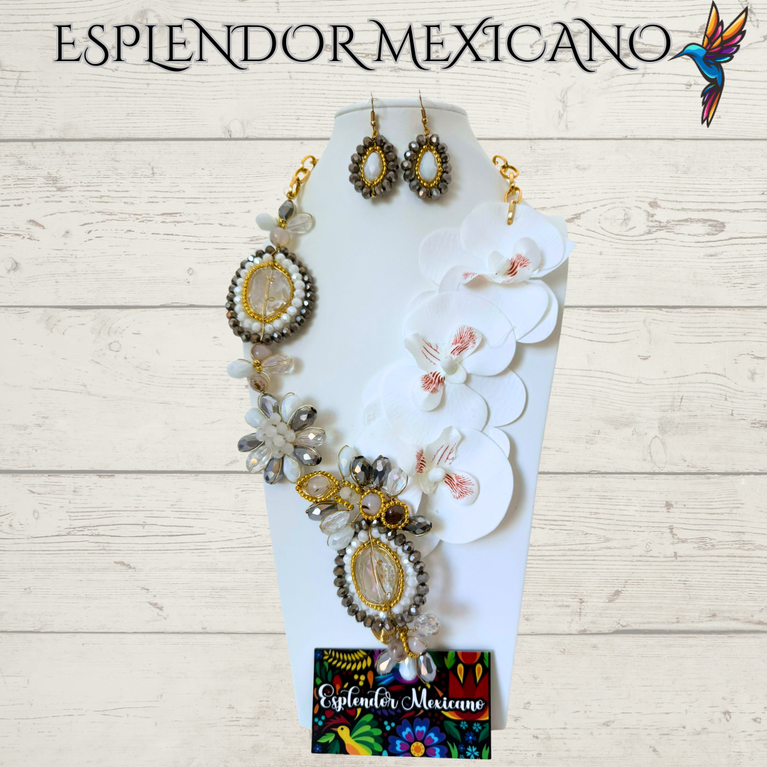 🌸 White Orchid Statement Necklace Set – Handmade in Mexico