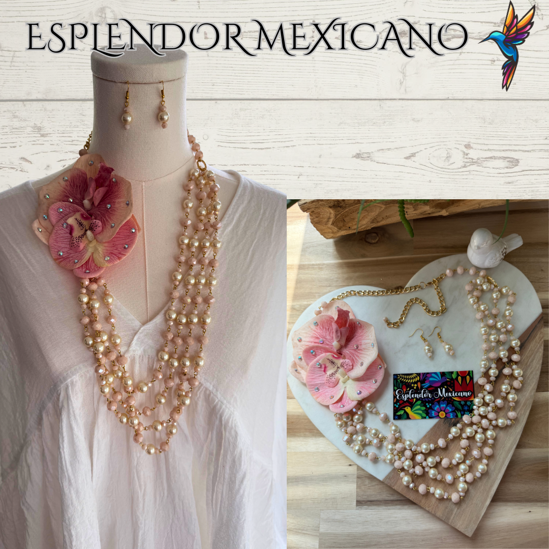 🌸 Bold Orchid Necklace Set – Handmade in Mexico