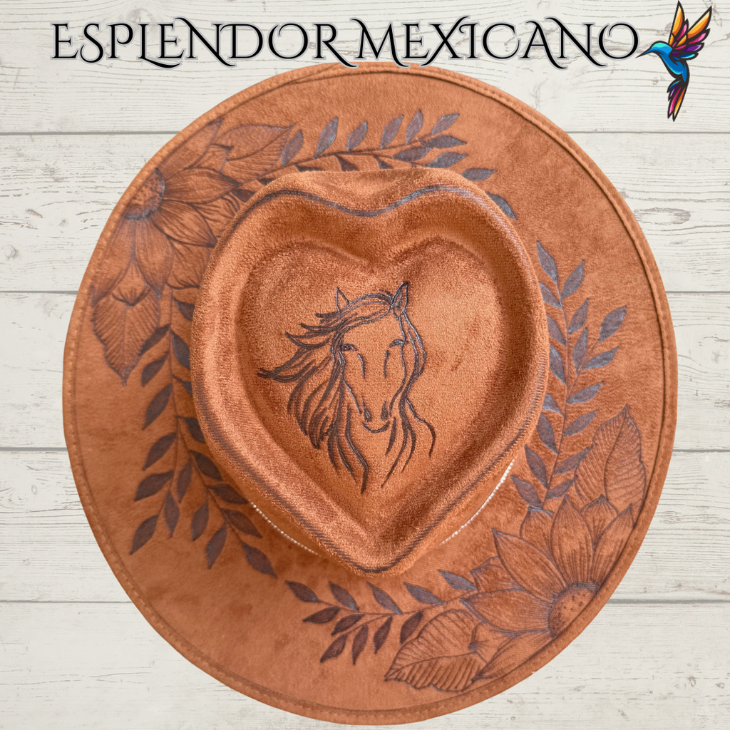 🤎 Hand-Burned Cowgirl Hat – Horse & Floral Design