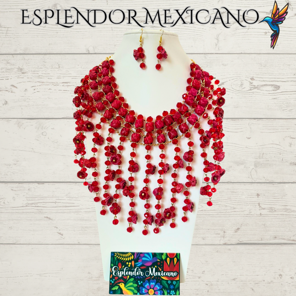 ❤️ Cascada Roja Statement Necklace Set – Hand-Painted Palm & Beads