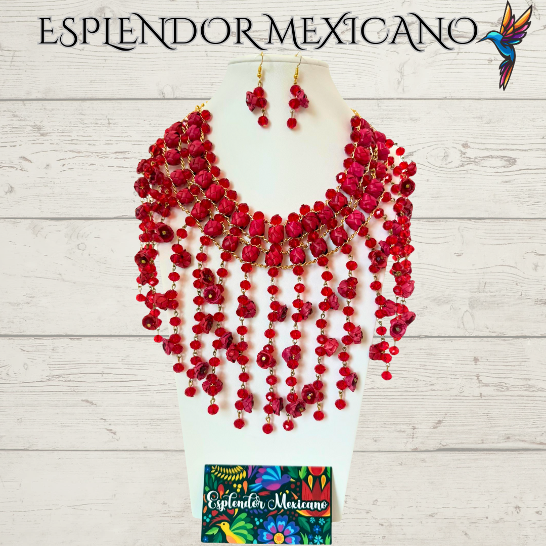 ❤️ Cascada Roja Statement Necklace Set – Hand-Painted Palm & Beads