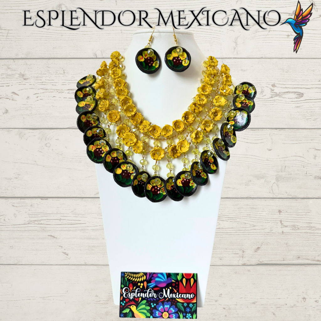 🌸 Fiesta Dreams Statement Necklace Set – Hand-Painted Talavera & Palm