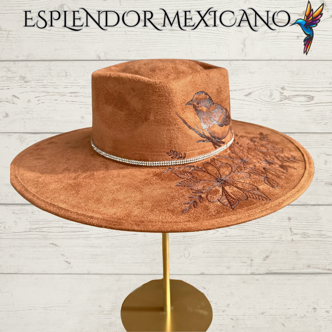 🤎 Hand-Burned Suede Cowgirl Hat – Bird & Floral Design