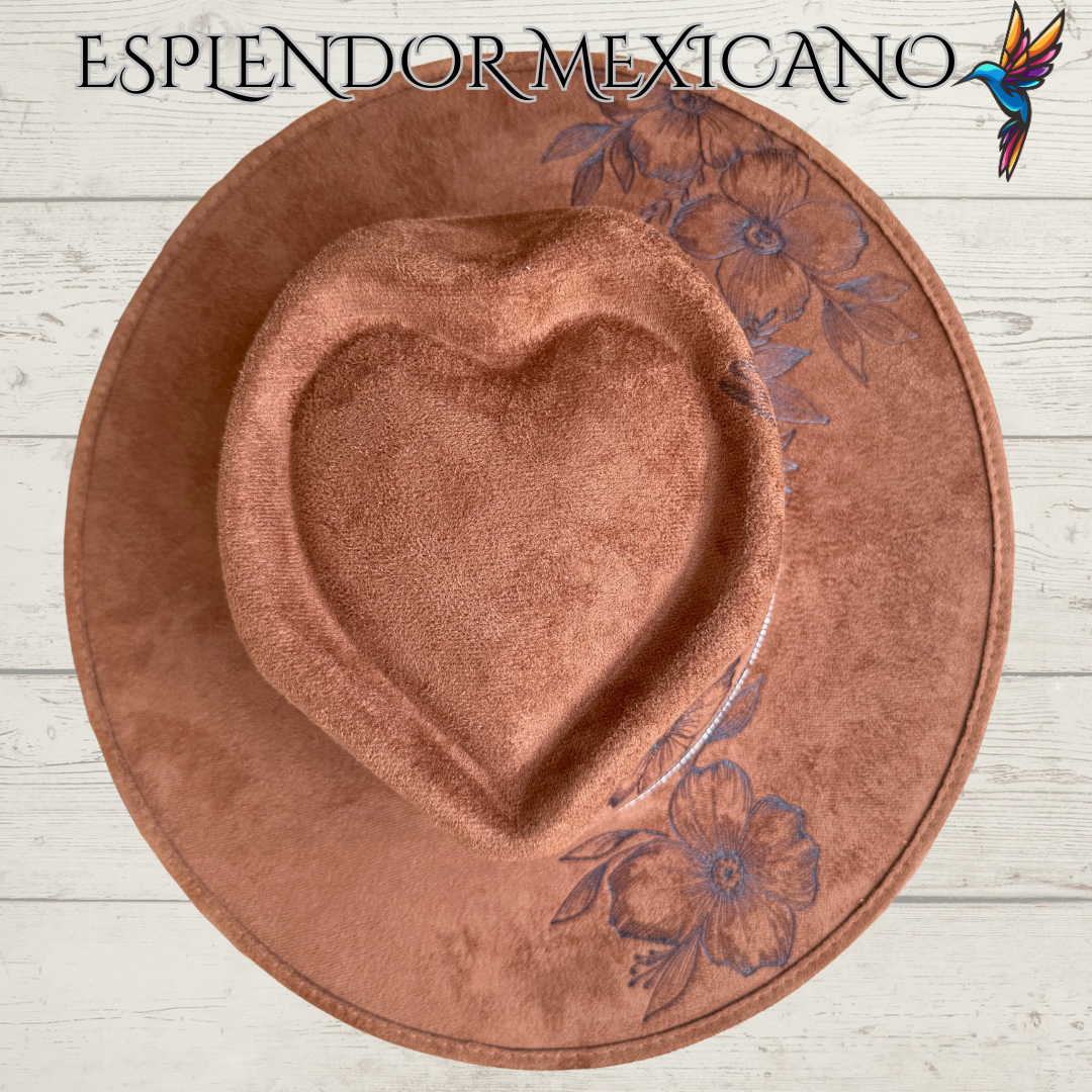 🤎 Hand-Burned Suede Cowgirl Hat – Hummingbird & Floral Design
