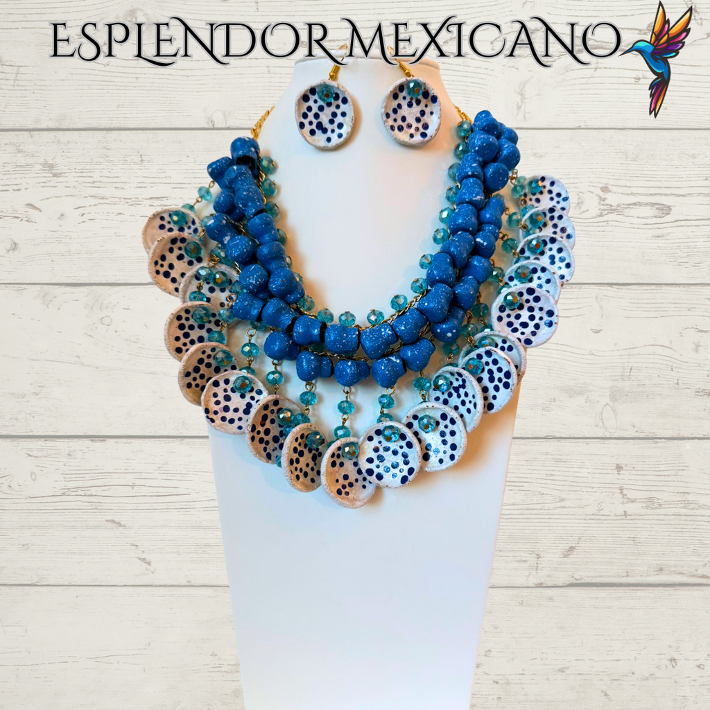 💙🩵 Fiesta Dreams Statement Necklace Set – Talavera Clay Jarritos, Platitos & Glass Beads