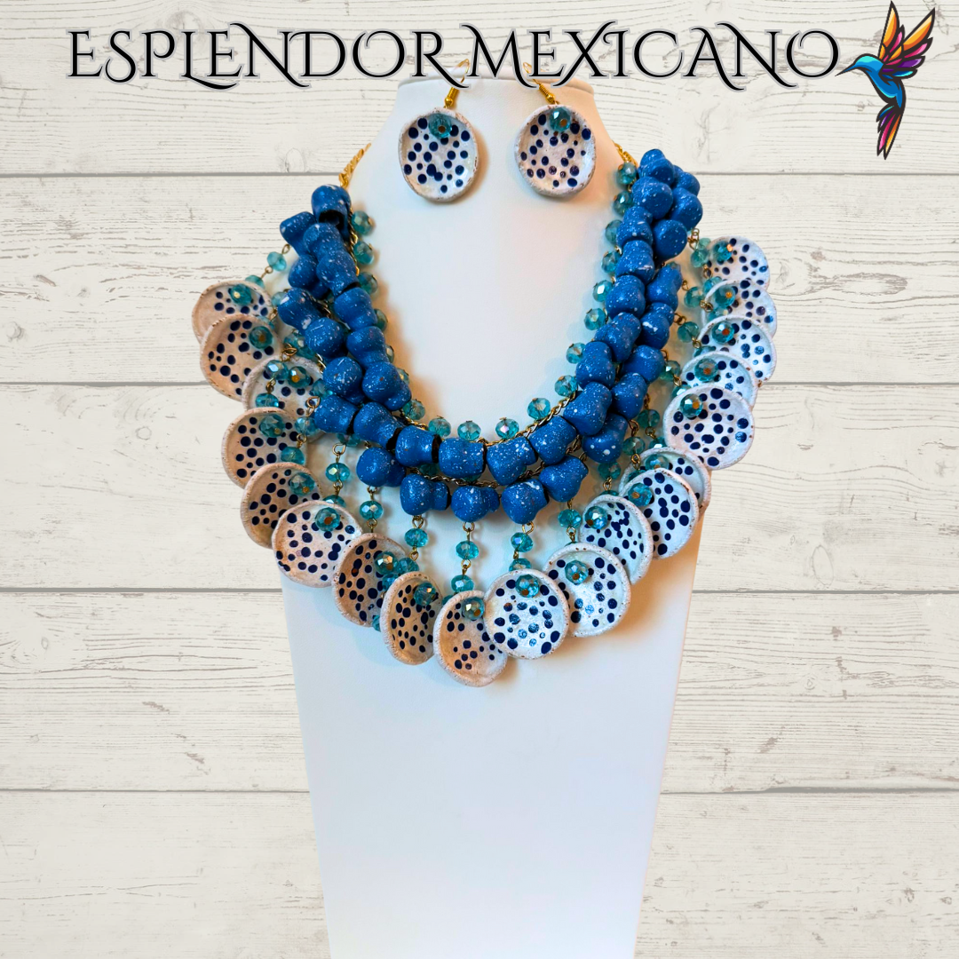 💙🩵 Fiesta Dreams Statement Necklace Set – Talavera Clay Jarritos, Platitos & Glass Beads