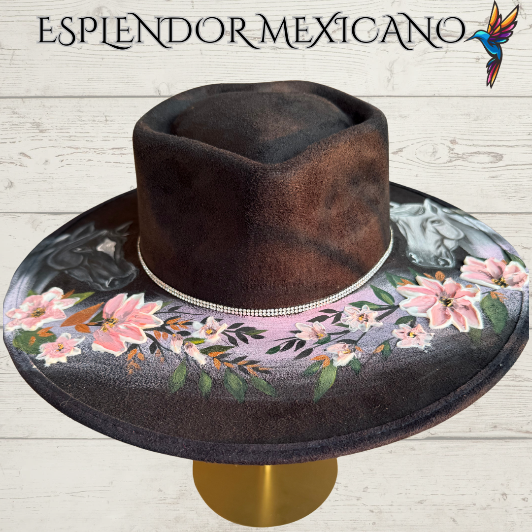 🖤 Heart-Shaped Suede Cowgirl Hat – Hand-Painted Horses & 3D Flowers