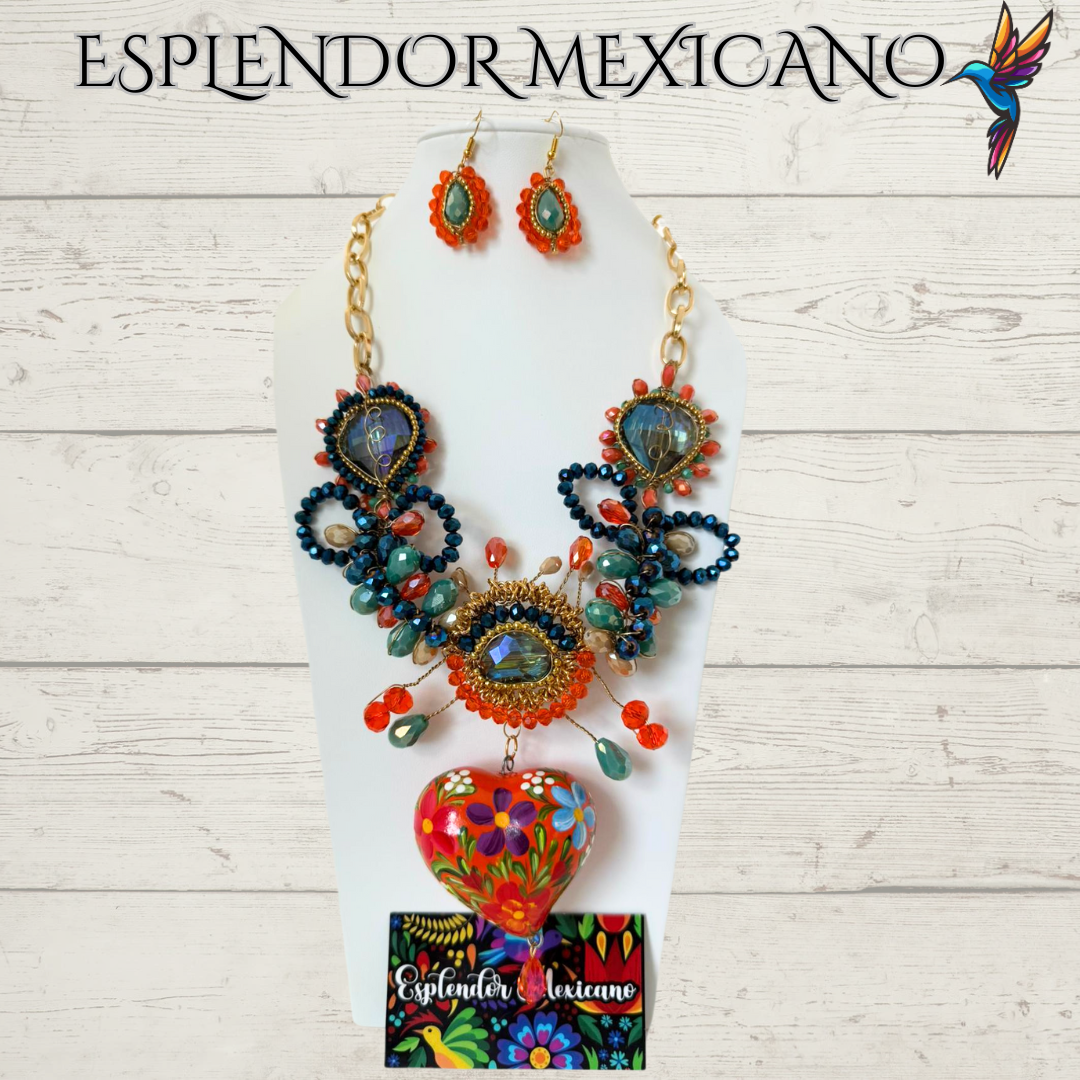 🧡💙 Floral Heart Necklace Set – Handmade in Mexico