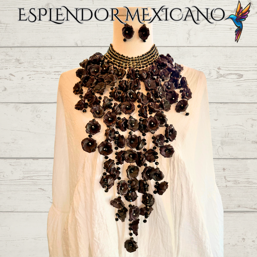 🖤 Natural Palm Statement Necklace Set – Handmade with Glass Beads