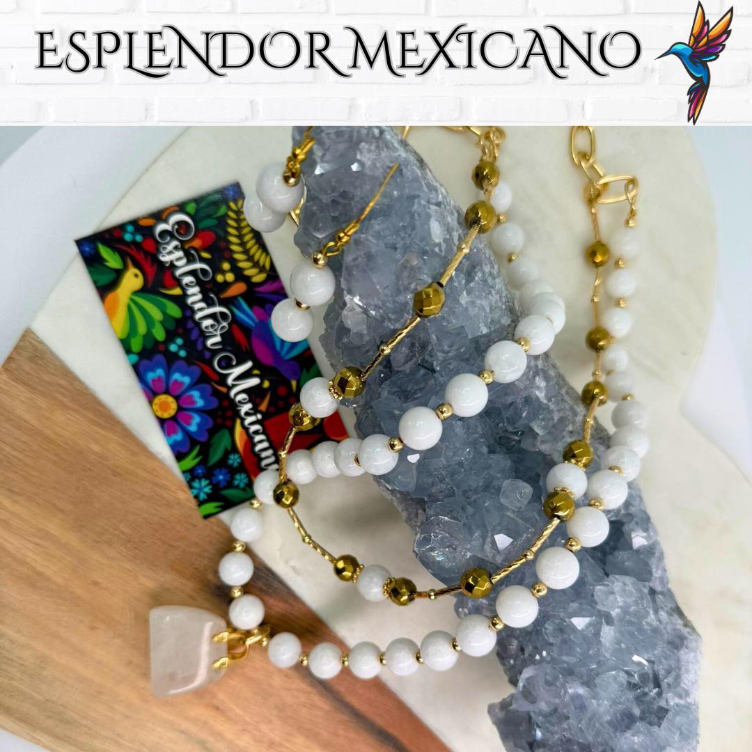 Mexican handmade White Jade Necklace Set/Natural Stone Healing Crystal Spiritual Protection Gift/ Beaded Stone Necklace/Health benefit stone