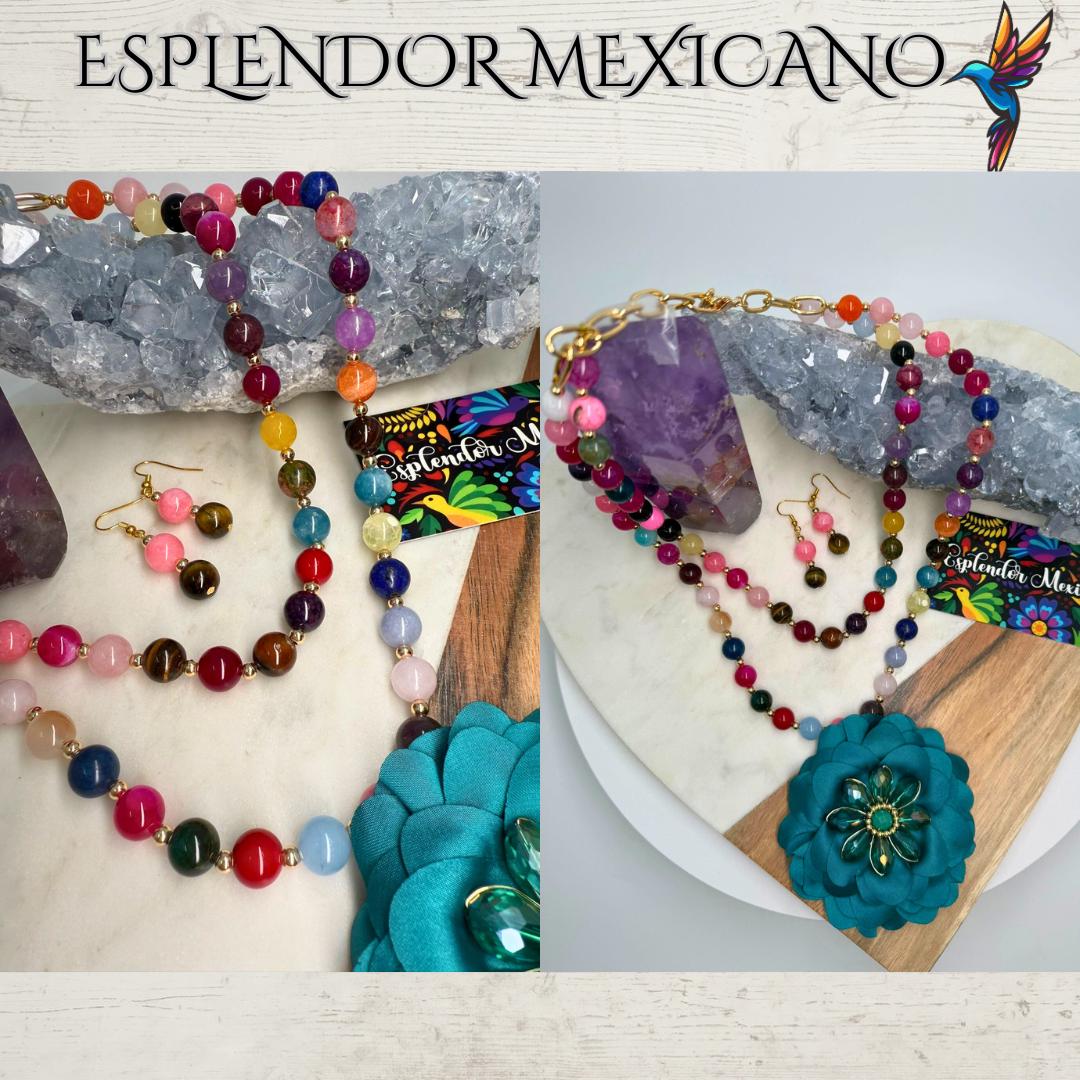 Mexican handmade Agate, Quartz, Tiger's Eye Necklace/Natural Stone Healing Crystal Spiritual Protection Gift /Beaded Stone Necklace