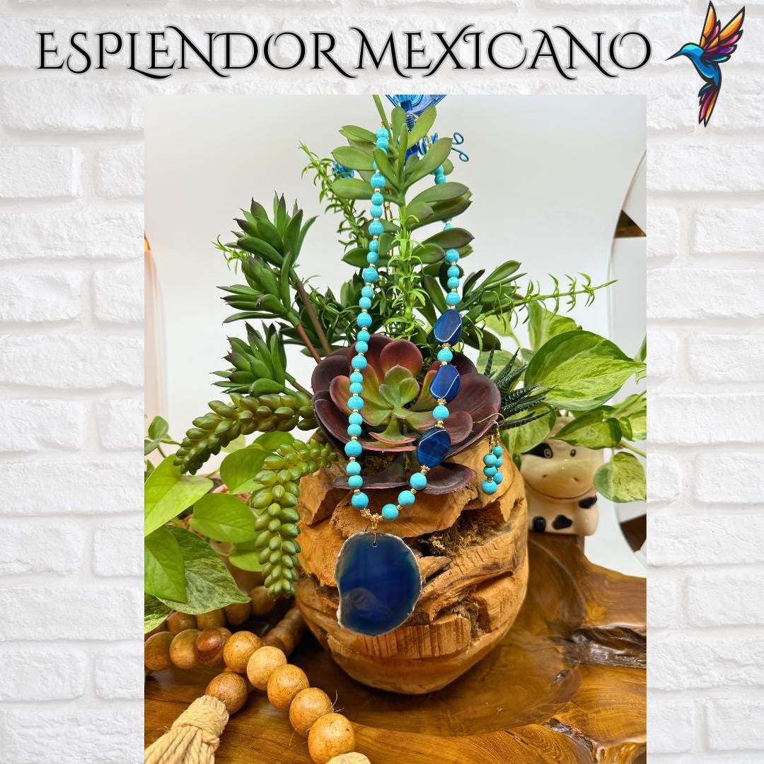 Mexican handmade Turquoise and Agate Slice Necklace / Natural Stone Healing Crystal Spiritual Protection Gift / Amazonite Balancing Necklace
