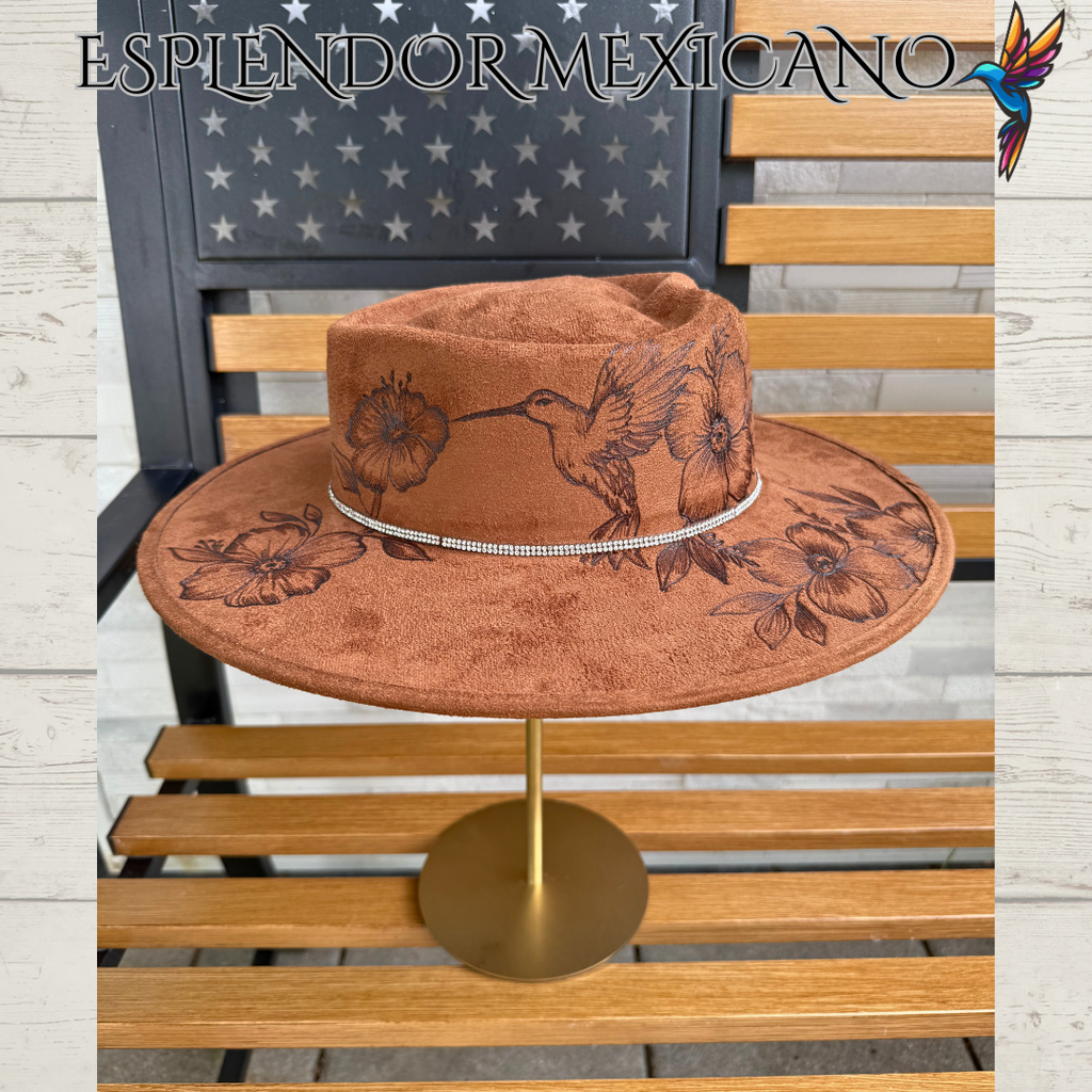 🤎 Hand-Burned Suede Cowgirl Hat – Hummingbird & Floral Design