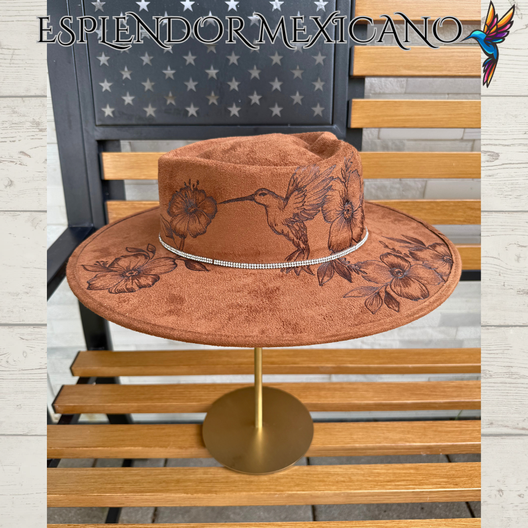 🤎 Hand-Burned Suede Cowgirl Hat – Hummingbird & Floral Design