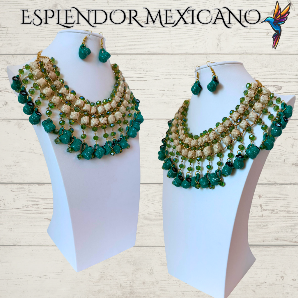 💚 Fiesta Dreams Statement Necklace Set – Talavera Clay Platitos, Palm & Beads