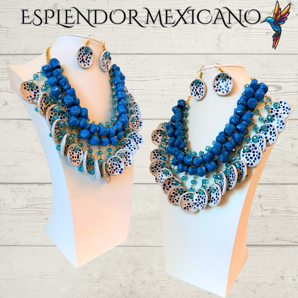 💙🩵 Fiesta Dreams Statement Necklace Set – Talavera Clay Jarritos, Platitos & Glass Beads