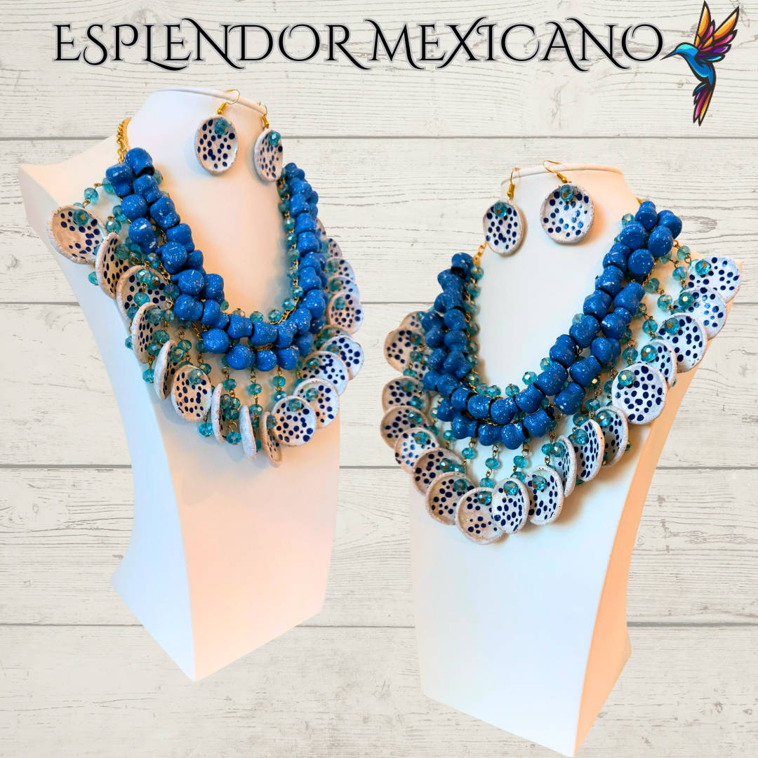 💙🩵 Fiesta Dreams Statement Necklace Set – Talavera Clay Jarritos, Platitos & Glass Beads