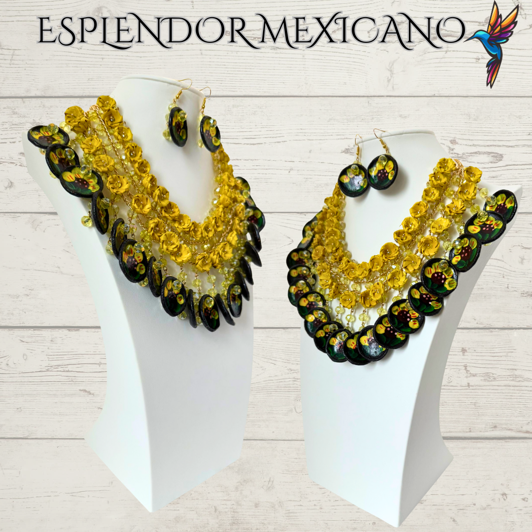 🌸 Fiesta Dreams Statement Necklace Set – Hand-Painted Talavera & Palm