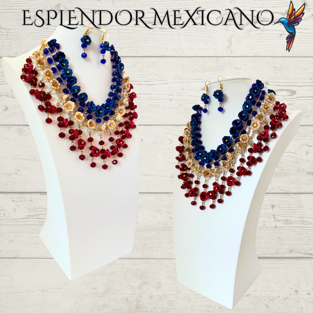 ❤️🤍💙 Natural Palm Statement Necklace Set – Handmade with Glass Beads