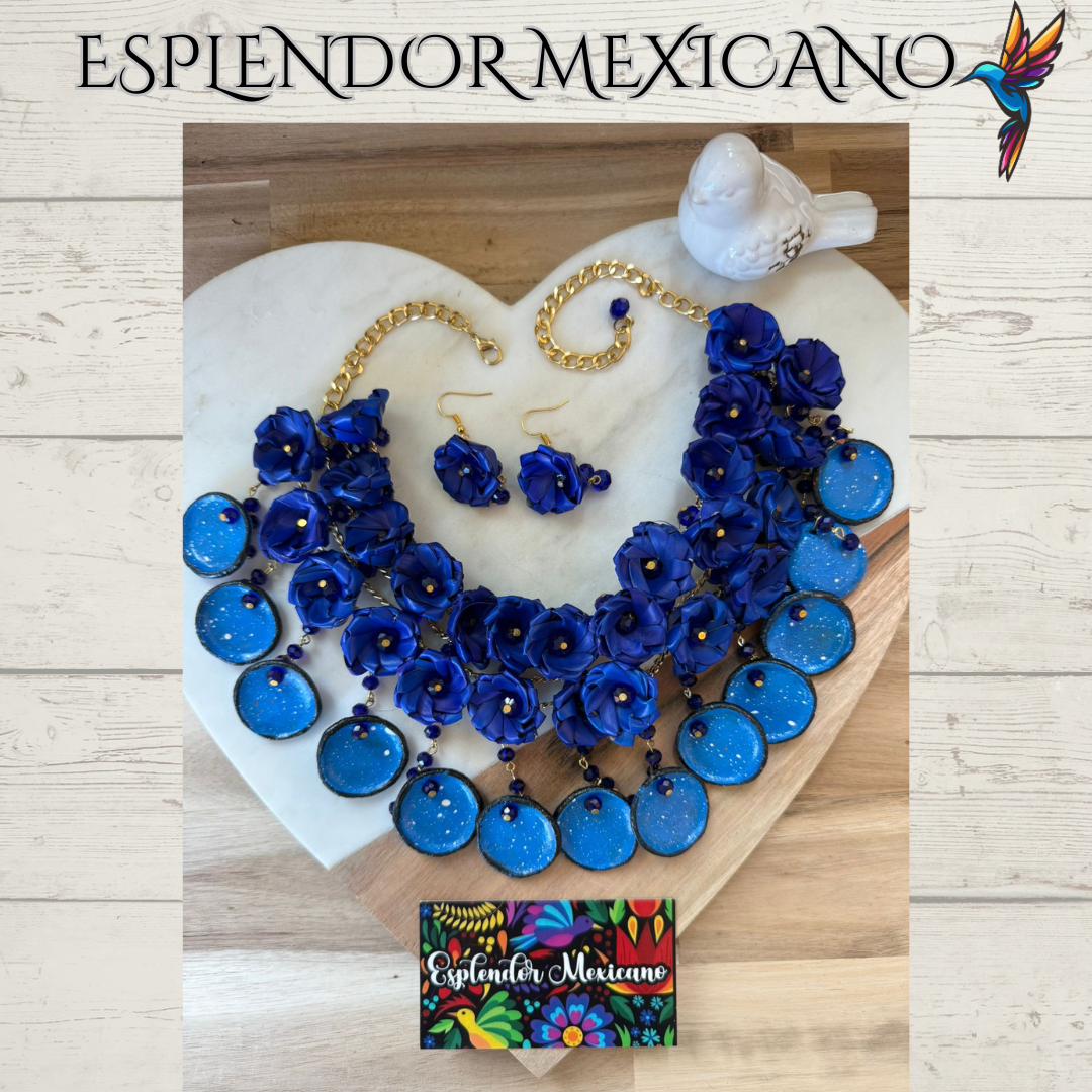 🌸 Fiesta Dreams Statement Necklace Set – Hand-Painted Talavera & Palm