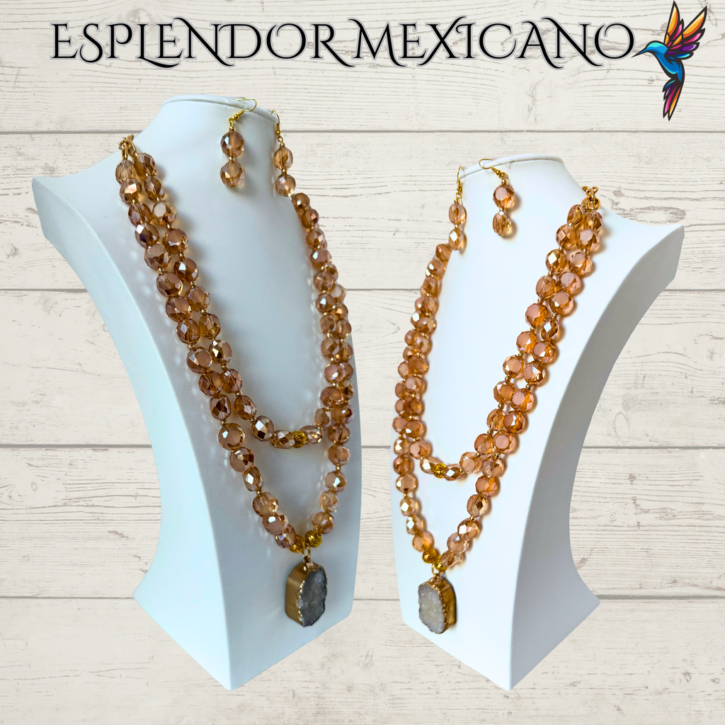 Beaded Golden Honey Faceted Cut Glass with Natural Stone pendant Necklace