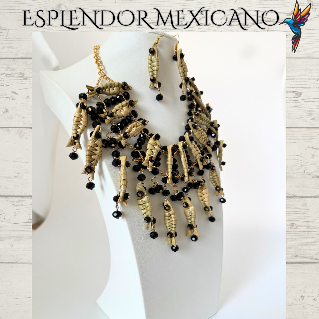 Mexican Artisanal Palm Fish Necklace Jewelry Set with Glass Beads