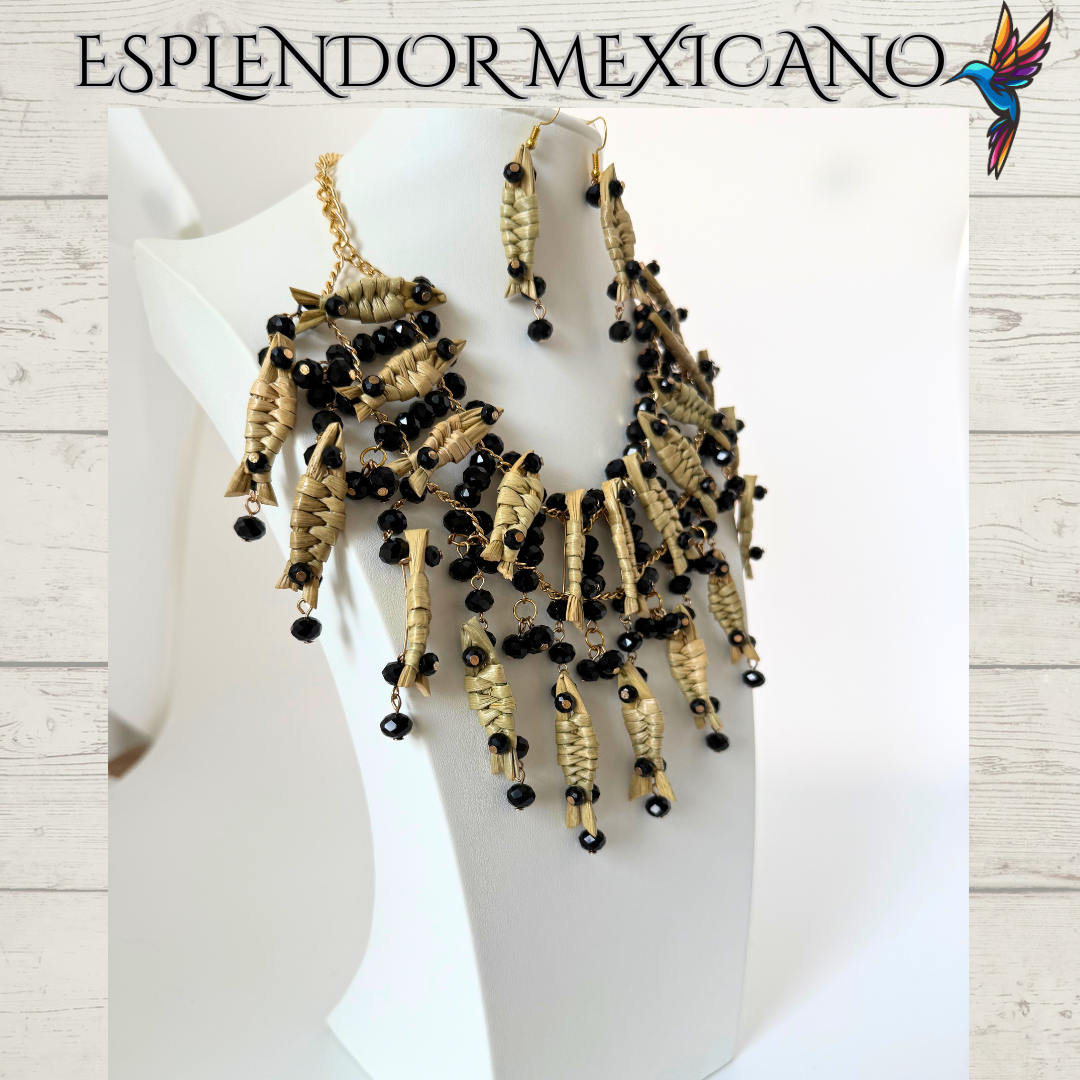Mexican Artisanal Palm Fish Necklace Jewelry Set with Glass Beads