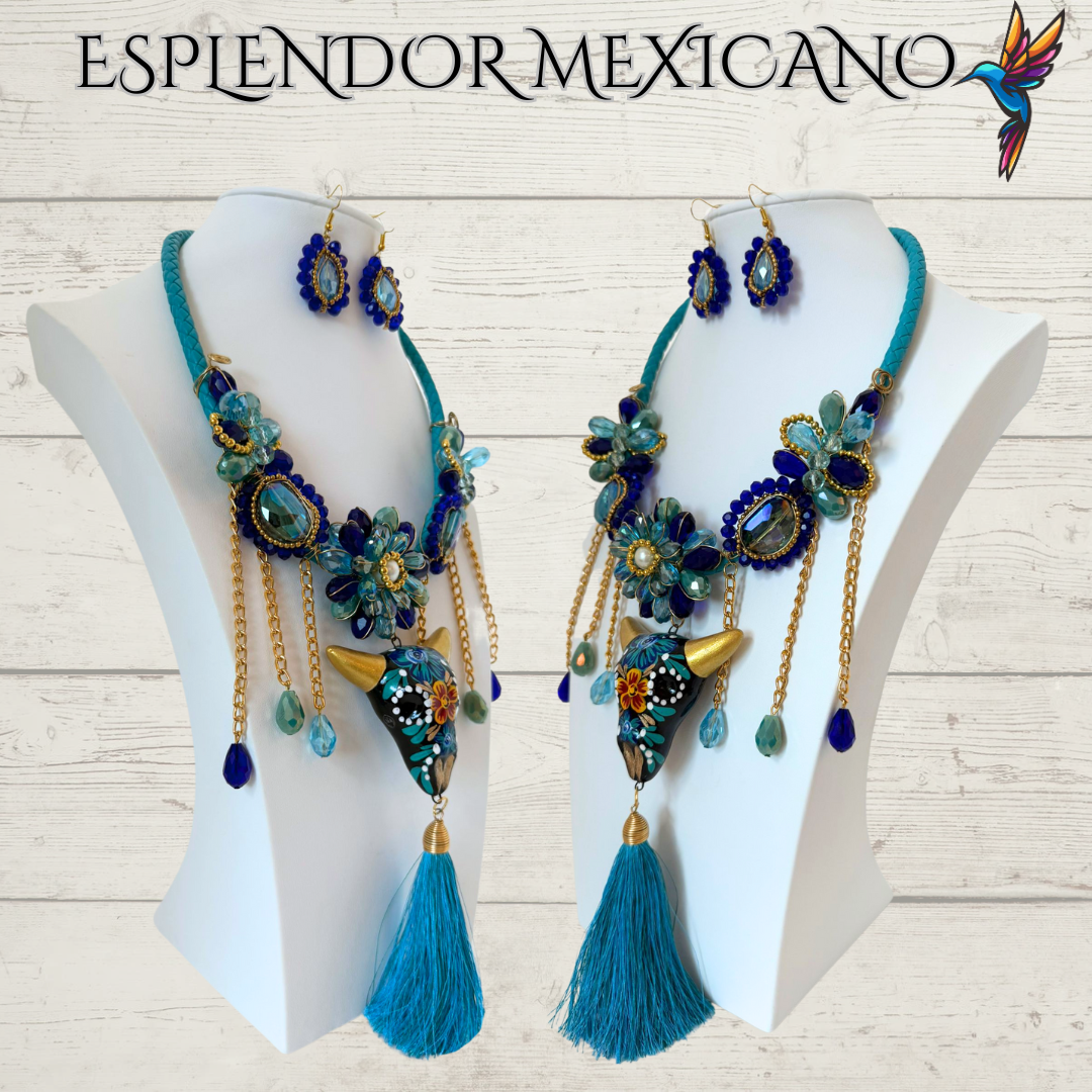 💙🩵💚 Teal & Blue Skull Necklace Set – Handmade in Mexico