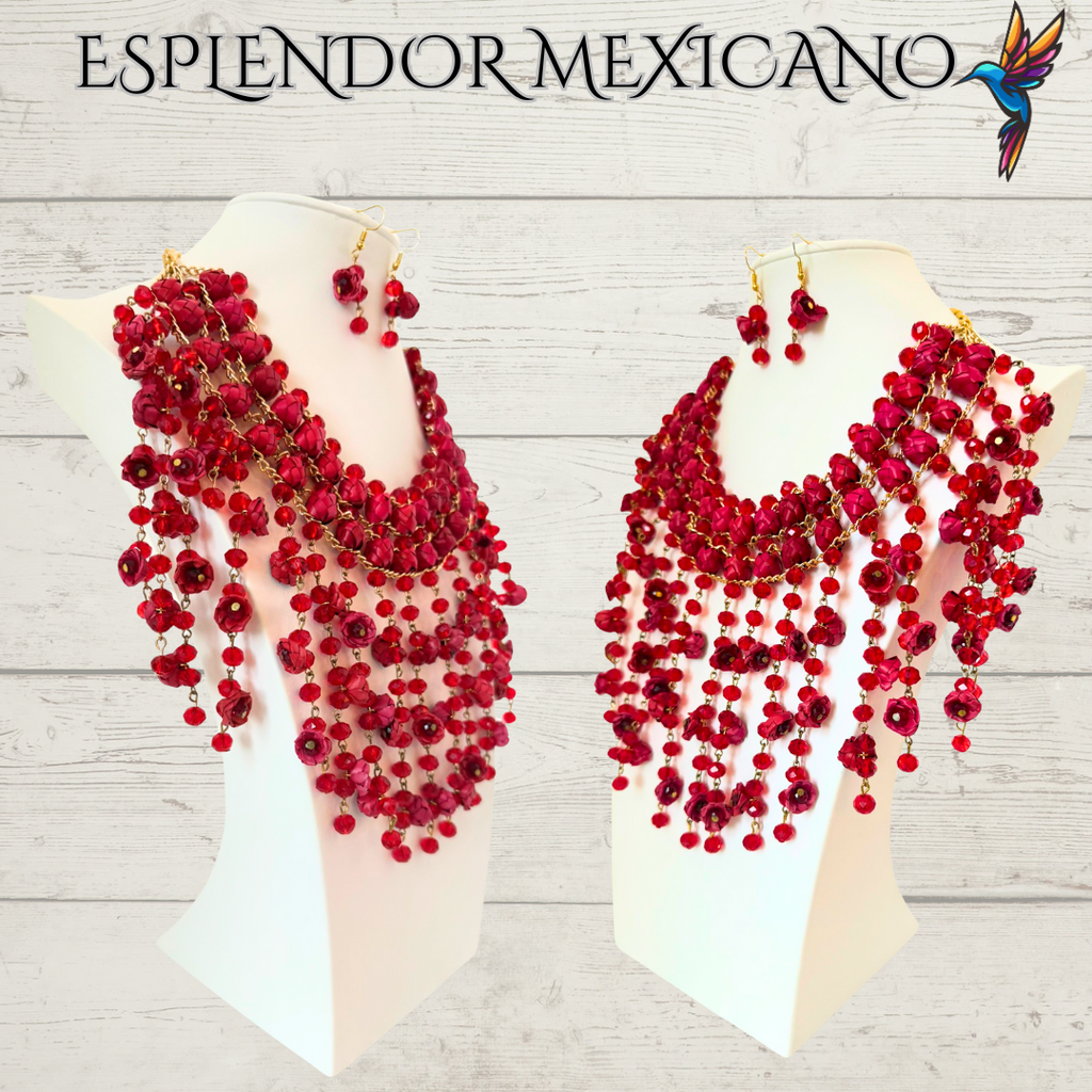 ❤️ Cascada Roja Statement Necklace Set – Hand-Painted Palm & Beads
